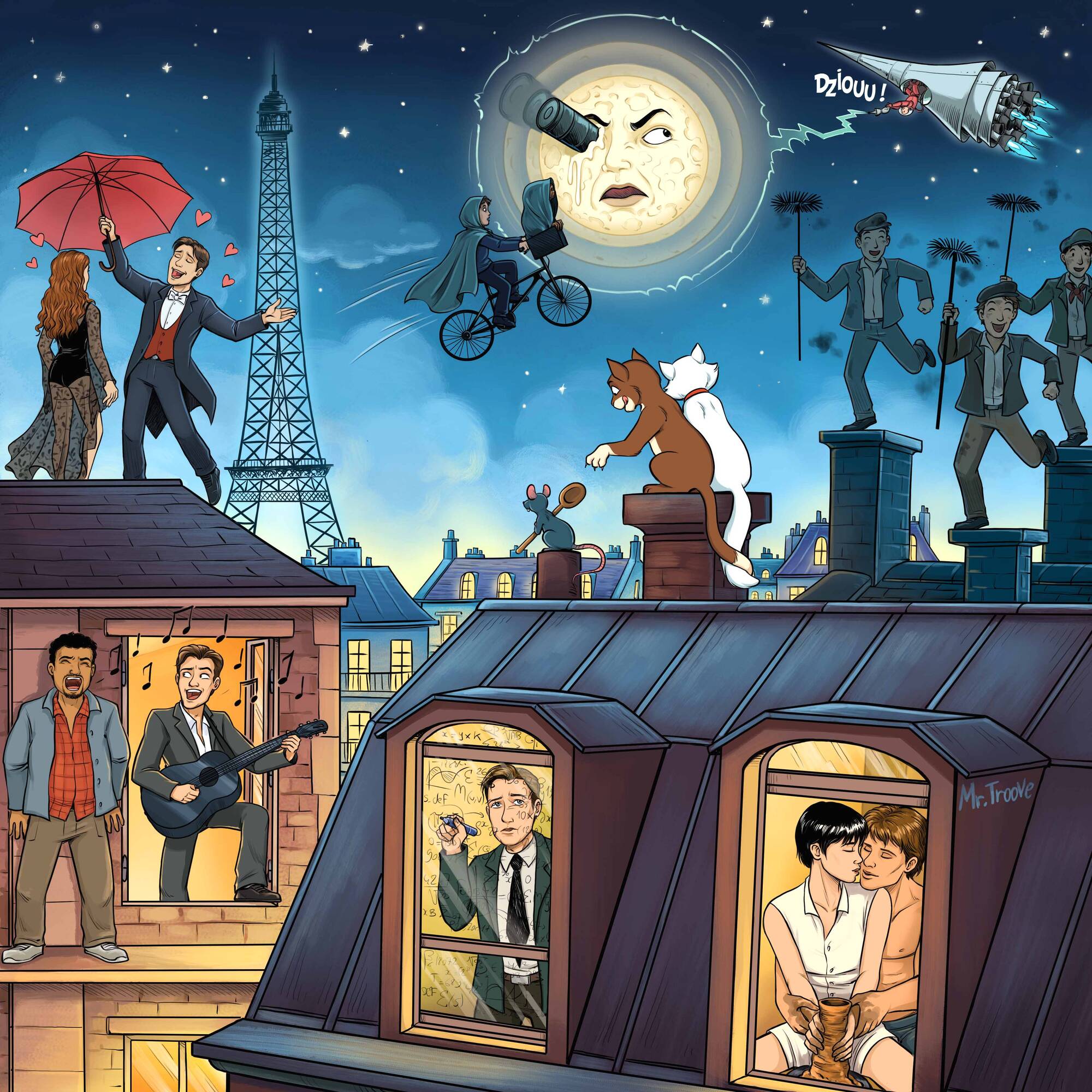 Quiz 10 movies to find Paris'  Roofs , avec Ratatouille, Ghost, A Trip to the Moon.